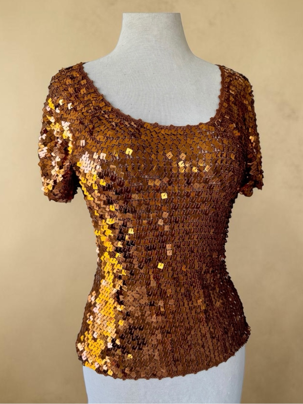 Vtg Adrianna Papell Evening Essential Copper Sequin Top Sz M Stretch Crochet Y2k
